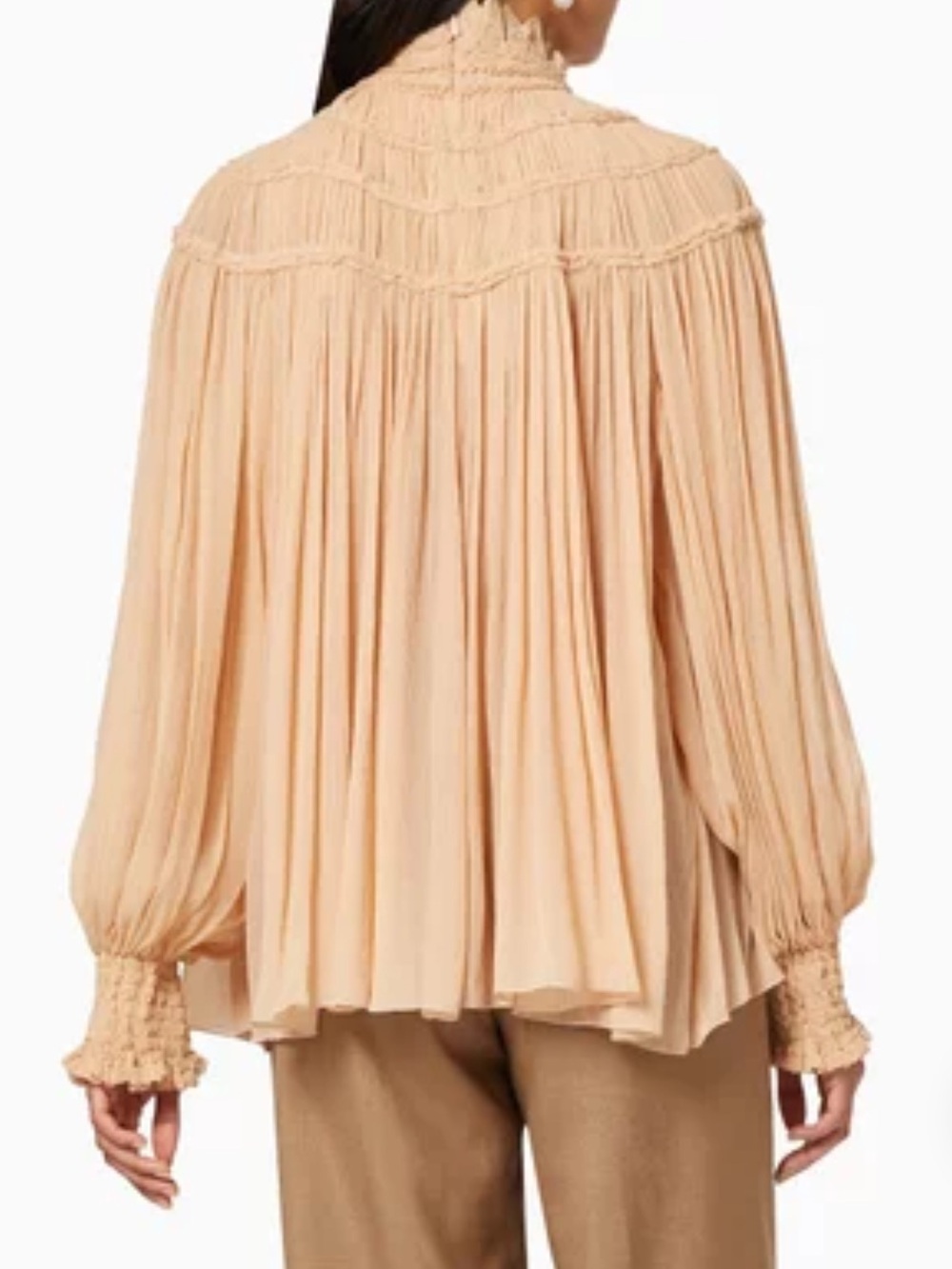 Chloé Smocked High-Neck Pleated Silk Blouse in Nude Beige - Picture 3 of 10